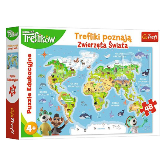 PUZZLE EDUKACYJNE TREFLIKI POZNAJĄ ZWIERZĘTA ŚWIATA 48 ELEMENTÓW