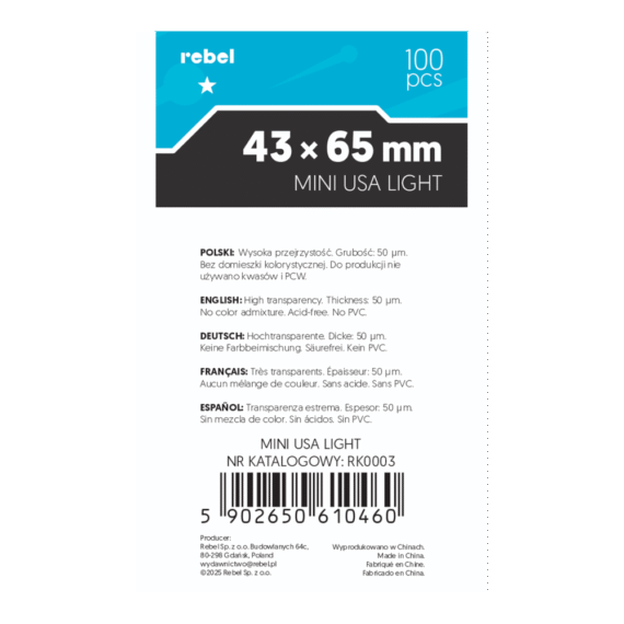 KOSZULKI NA KARTY REBEL CRUX LIGHT 43x65mm 100 sztuk